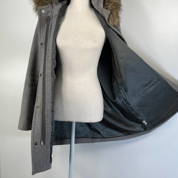 J. Crew Vail Parka Coat Gray Wool Faux Fur Trim Hood - Picture 4 of 10